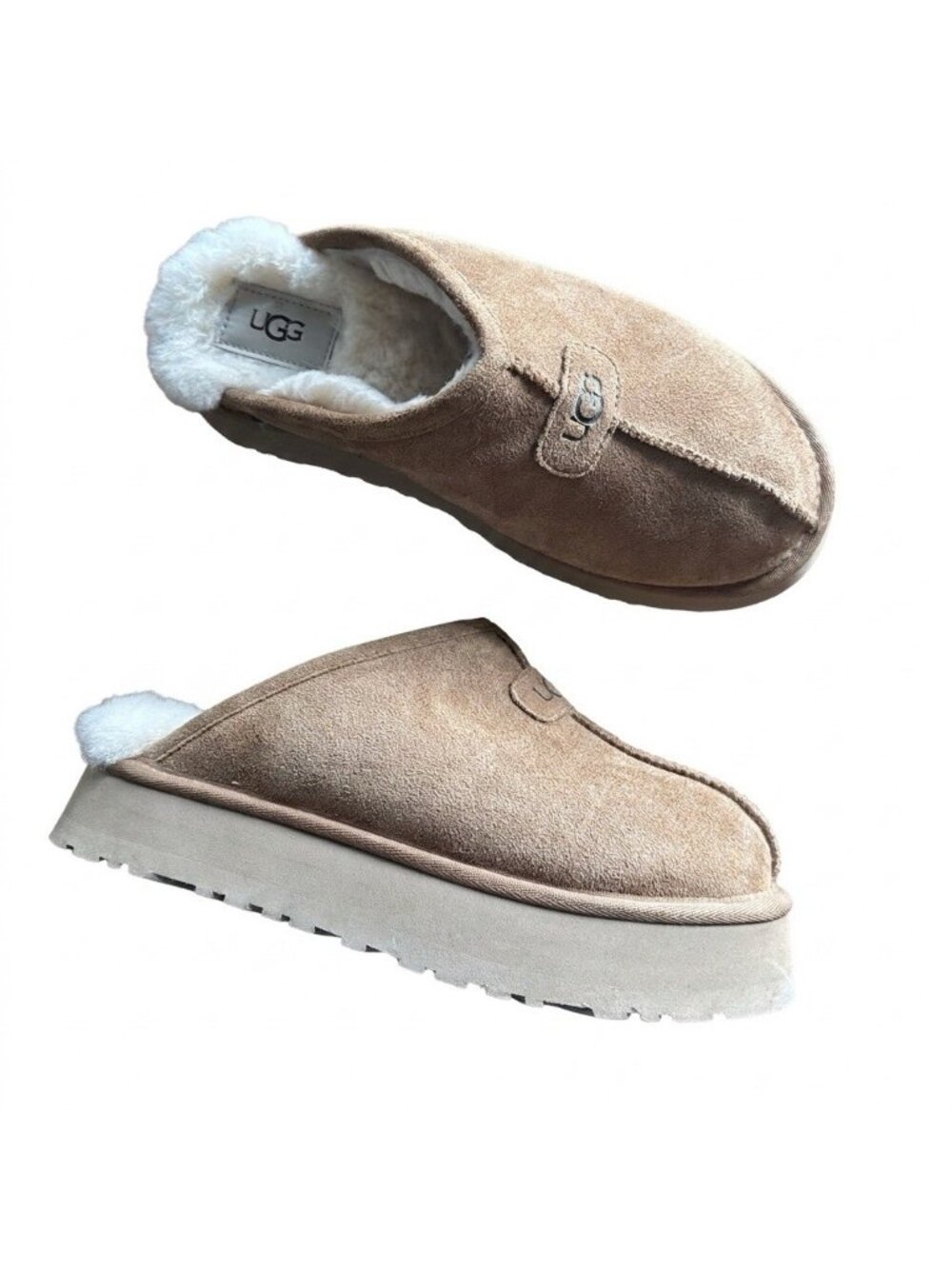 UGG‎ Discoquette Slide Slipper Size 8 Chestnut Leather Platform STAINS AS IS